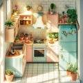 Isometric view of a miniature, stylized kitchen with pastel-colored cabinets, tiny plants, vintage fridge, clean geometric layout Royalty Free Stock Photo