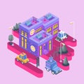 Isometric view. Modern city building. Town block with colorful hospital and cars. Royalty Free Stock Photo