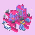 Isometric View. Modern City Building. Town Block With Colorful House, Church And Cars.