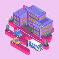 Isometric View. Modern City Building. Town Block With Colorful House, School And Cars.