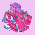 Isometric View. Modern City Building. Town Block With Colorful Houses, Shop And Cars.