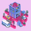 Isometric View. Modern City Building. Town Block With Colorful Parking And Cars.