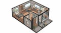 Isometric view of a modern, compact apartment interior with three distinct areas. The Royalty Free Stock Photo