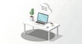 Isometric Desk Setup with Laptop, Coffee, Plant, and Cloud Email Icon Royalty Free Stock Photo