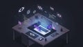 Isometric view of a modern developers desk with holographic code and data projections Royalty Free Stock Photo