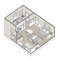 Isometric view of a modern studio apartment layout. Features include a kitchenette Royalty Free Stock Photo