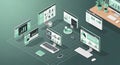 Isometric View of Multiple Computer Screens Displaying Data Visualizations Royalty Free Stock Photo