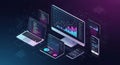 Isometric view of multiple devices displaying data analytics graphs and charts on dark background Royalty Free Stock Photo