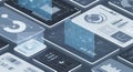 Isometric view of multiple devices displaying data visualizations Royalty Free Stock Photo