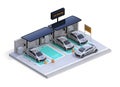 Isometric view of parking lot equipped with charging station, solar panel. Car sharing business