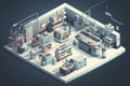 isometric view of a scientific laboratory, with equipment and experiments in view Royalty Free Stock Photo