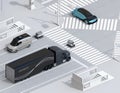 Isometric view of self-driving delivery robot crossing the road with a pedestrian crossing Royalty Free Stock Photo