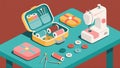 Isometric view of sewing kit including sewing machine, spools of thread and buttons 8K Royalty Free Stock Photo