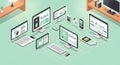 Isometric View of Multiple Computers, Smartphones, and Tablets with Data Displayed Royalty Free Stock Photo