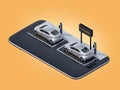 Isometric view of silver electric cars with car sharing billboard on smartphone