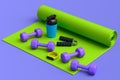 Isometric view of sport equipment like dumbbell, water bottle and yoga mat