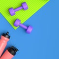 Isometric view of sport equipment like dumbbell, water bottle and yoga mat