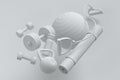 Isometric view of sport equipment like kettlebell, dumbbell and smart watches