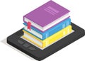 Isometric view of a stack of colorful books with bookmarks placed on top of a black e reader, representing the concept