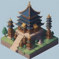 Isometric view to fantasy ancient oriental temple. AI generated 3D