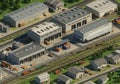 Isometric view of a train depot featuring several large, industrial warehouses and a Royalty Free Stock Photo