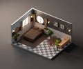 Isometric view vintage bed room open inside interior architecture, 3d rendering Royalty Free Stock Photo