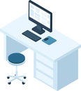 Isometric view of a workspace featuring a computer displaying data on its monitor, a keyboard, a mouse, and a rolling Royalty Free Stock Photo