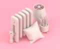 Isometric Vintage radiator with plants and floor lamp, 3d Icon in flat color pink room,single color white,3d rendering