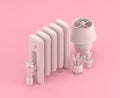 Isometric Vintage radiator with plants and floor lamp, 3d Icon in flat color pink room,single color white,3d rendering