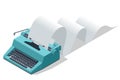 Isometric vintage typewriter with blank paper to write text. Typewriter machine in retro style. World Writer Day.