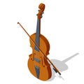 Isometric violin with fiddlestick isolated on a white background. Classical stringed musical instrument. Brown violin