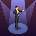 Isometric violinist. Man playing the violin. Classical stringed musical instrument. Brown violin and bow.