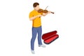 Isometric violinist. Man playing the violin. Classical stringed musical instrument. Brown violin and bow.