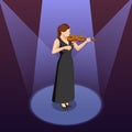 Isometric violinist. Woman playing the violin. Classical stringed musical instrument. Brown violin and bow