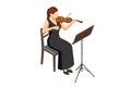 Isometric violinist. Woman playing the violin. Classical stringed musical instrument. Brown violin and bow. Music stand