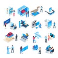 Isometric virtual reality simulations icons. Computer simulation helmet, augmented reality game vector illustration set Royalty Free Stock Photo