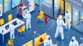 Isometric Visualization, Workers in Protective Suits Disinfecting an Office Building, Maintaining Hygiene Protocols