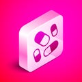 Isometric Vitamin complex of pill capsule icon isolated on pink background. Healthy lifestyle. Silver square button