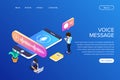 Isometric voice message concept. People listen to audio messages using a mobile phone or laptop. Can use for web banner Royalty Free Stock Photo