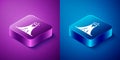 Isometric Volcano eruption with lava icon isolated on blue and purple background. Square button. Vector