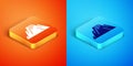 Isometric Volcano eruption with lava icon isolated on orange and blue background. Vector