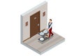 Isometric Waitress in uniform delivering tray with food in a room of hotel. Enjoy the Holiday and Vacation. Room service