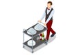 Isometric Waitress in uniform delivering tray with food in a room of hotel. Enjoy the Holiday and Vacation. Room service