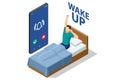 Isometric wake up of a happy man lying on the bed. Sleeping and waking up. People healthy lifestyle concept.