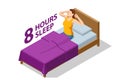 Isometric wake up of a happy woman lying on the bed. Sleeping and waking up. People healthy lifestyle concept.