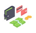 Isometric wallet with cash, coins, and credit cards. Personal finance management and savings concept. Financial Royalty Free Stock Photo