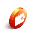 Isometric Wallet icon isolated on white background. Purse icon. Cash savings symbol. Orange circle button. Vector