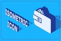 Isometric Wallet with stacks paper money cash icon isolated on blue background. Purse icon. Cash savings symbol. Vector