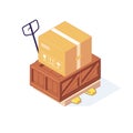 Isometric warehouse boxes pallets freights goods. 3d storage box pallet shelving racking stacking vector illustration
