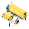 Isometric Warehouse. Cargo Industry. Worker on Forklift